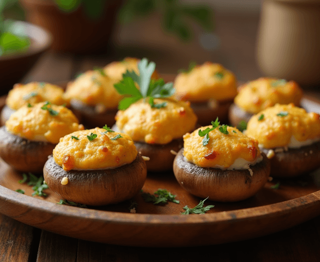 A plate of golden-brown Boursin stuffed mushrooms garnished with fresh parsley, showcasing their creamy, herby filling and perfectly roasted caps.