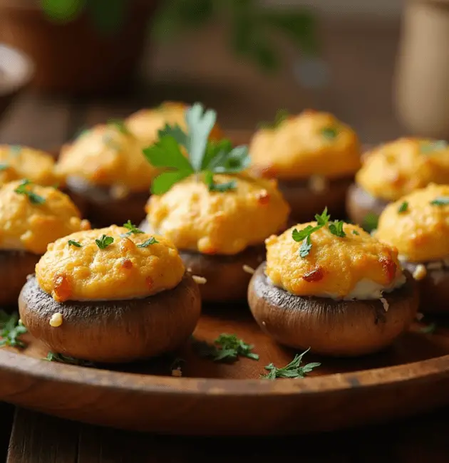 A plate of golden-brown Boursin stuffed mushrooms garnished with fresh parsley, showcasing their creamy, herby filling and perfectly roasted caps.