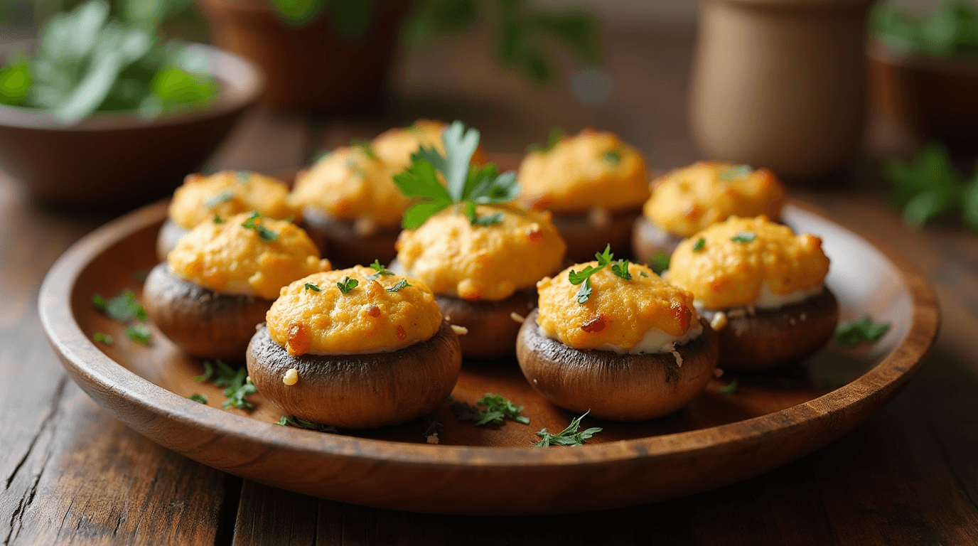 A plate of golden-brown Boursin stuffed mushrooms garnished with fresh parsley, showcasing their creamy, herby filling and perfectly roasted caps.