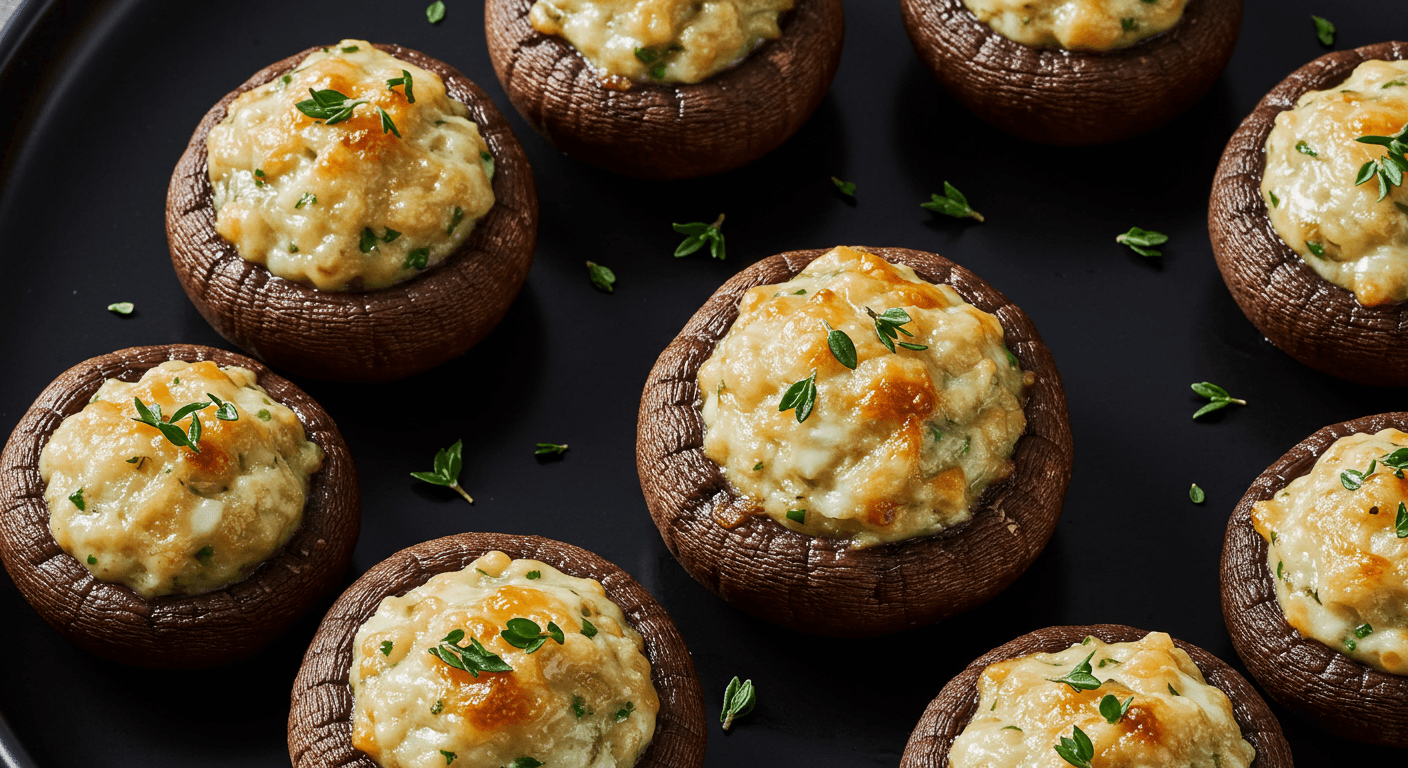 A plate of golden-brown Boursin stuffed mushrooms garnished with fresh parsley, showcasing their creamy, herby filling and perfectly roasted caps.