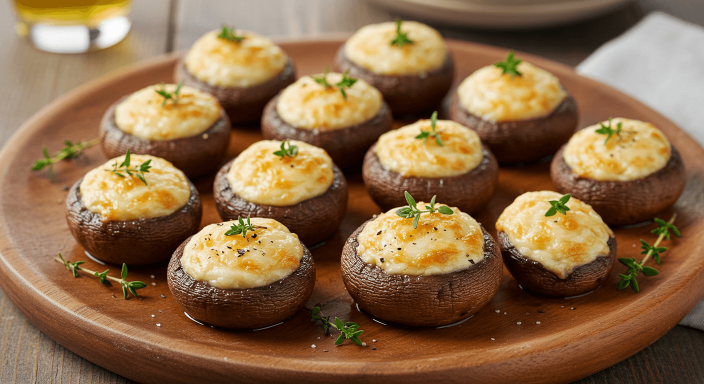 A plate of golden-brown Boursin stuffed mushrooms garnished with fresh parsley, showcasing their creamy, herby filling and perfectly roasted caps.
