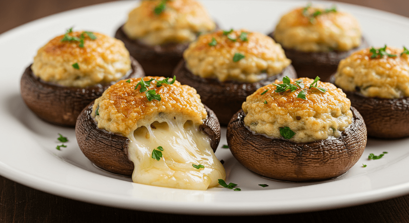 A plate of golden-brown Boursin stuffed mushrooms garnished with fresh parsley, showcasing their creamy, herby filling and perfectly roasted caps.