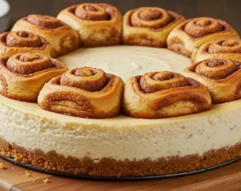 A slice of Cinnamon Roll Cheesecake on a white dessert plate, garnished with a drizzle of icing and a sprinkle of cinnamon.