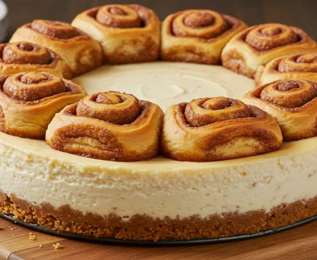 A slice of Cinnamon Roll Cheesecake on a white dessert plate, garnished with a drizzle of icing and a sprinkle of cinnamon.
