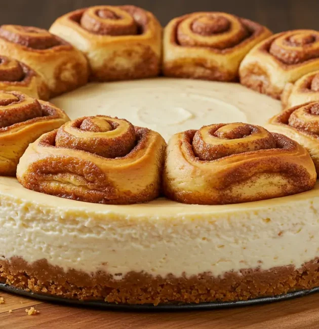 A slice of Cinnamon Roll Cheesecake on a white dessert plate, garnished with a drizzle of icing and a sprinkle of cinnamon.