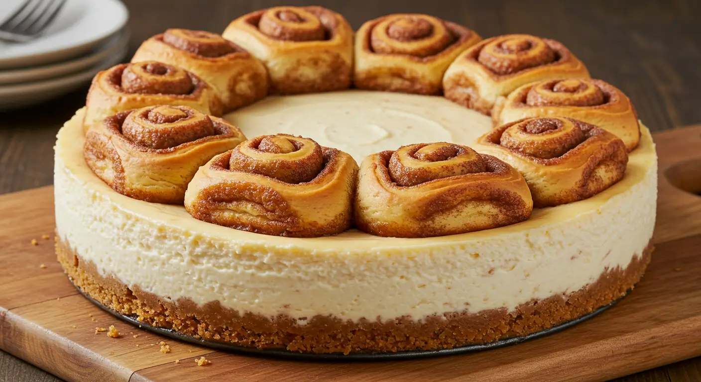A slice of Cinnamon Roll Cheesecake on a white dessert plate, garnished with a drizzle of icing and a sprinkle of cinnamon.