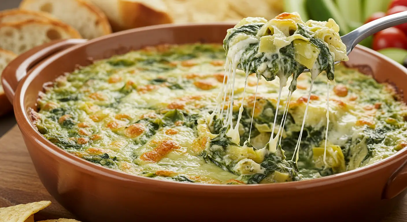 A creamy and cheesy hot spinach artichoke dip served in a white baking dish, topped with golden-brown melted cheese, surrounded by crispy tortilla chips and fresh vegetable sticks for dipping.