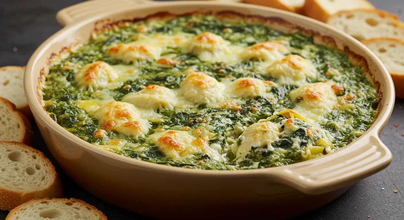 A creamy and cheesy hot spinach artichoke dip served in a white baking dish, topped with golden-brown melted cheese, surrounded by crispy tortilla chips and fresh vegetable sticks for dipping.