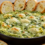 A creamy and cheesy hot spinach artichoke dip served in a white baking dish, topped with golden-brown melted cheese, surrounded by crispy tortilla chips and fresh vegetable sticks for dipping.