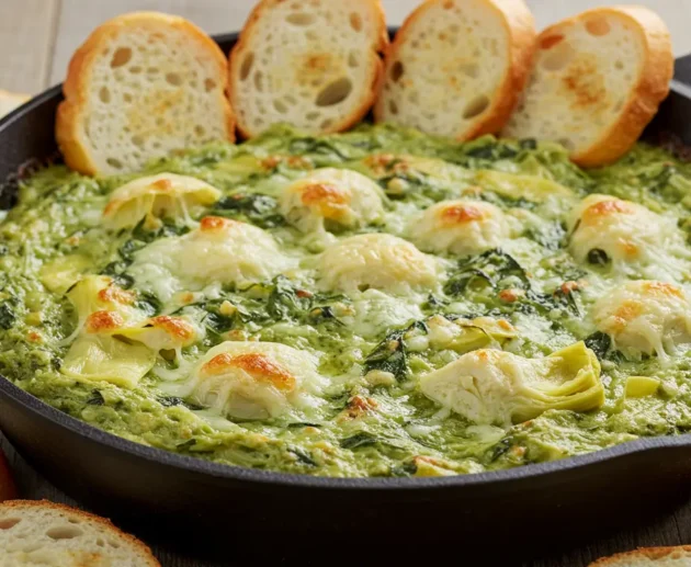 A creamy and cheesy hot spinach artichoke dip served in a white baking dish, topped with golden-brown melted cheese, surrounded by crispy tortilla chips and fresh vegetable sticks for dipping.