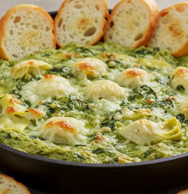 A creamy and cheesy hot spinach artichoke dip served in a white baking dish, topped with golden-brown melted cheese, surrounded by crispy tortilla chips and fresh vegetable sticks for dipping.