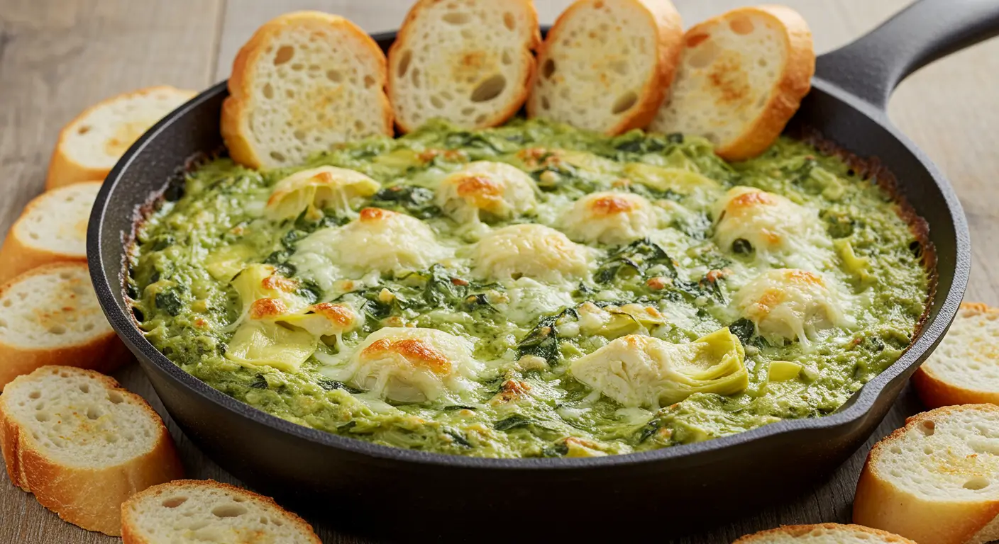 A creamy and cheesy hot spinach artichoke dip served in a white baking dish, topped with golden-brown melted cheese, surrounded by crispy tortilla chips and fresh vegetable sticks for dipping.