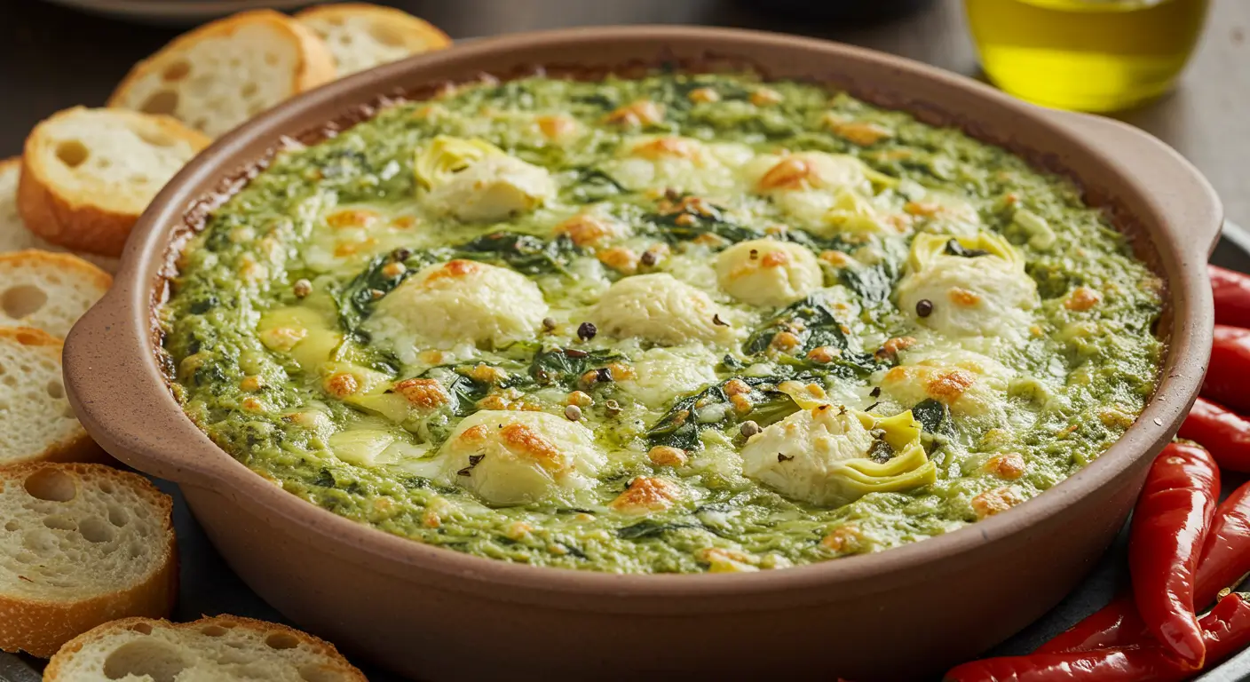 A creamy and cheesy hot spinach artichoke dip served in a white baking dish, topped with golden-brown melted cheese, surrounded by crispy tortilla chips and fresh vegetable sticks for dipping.