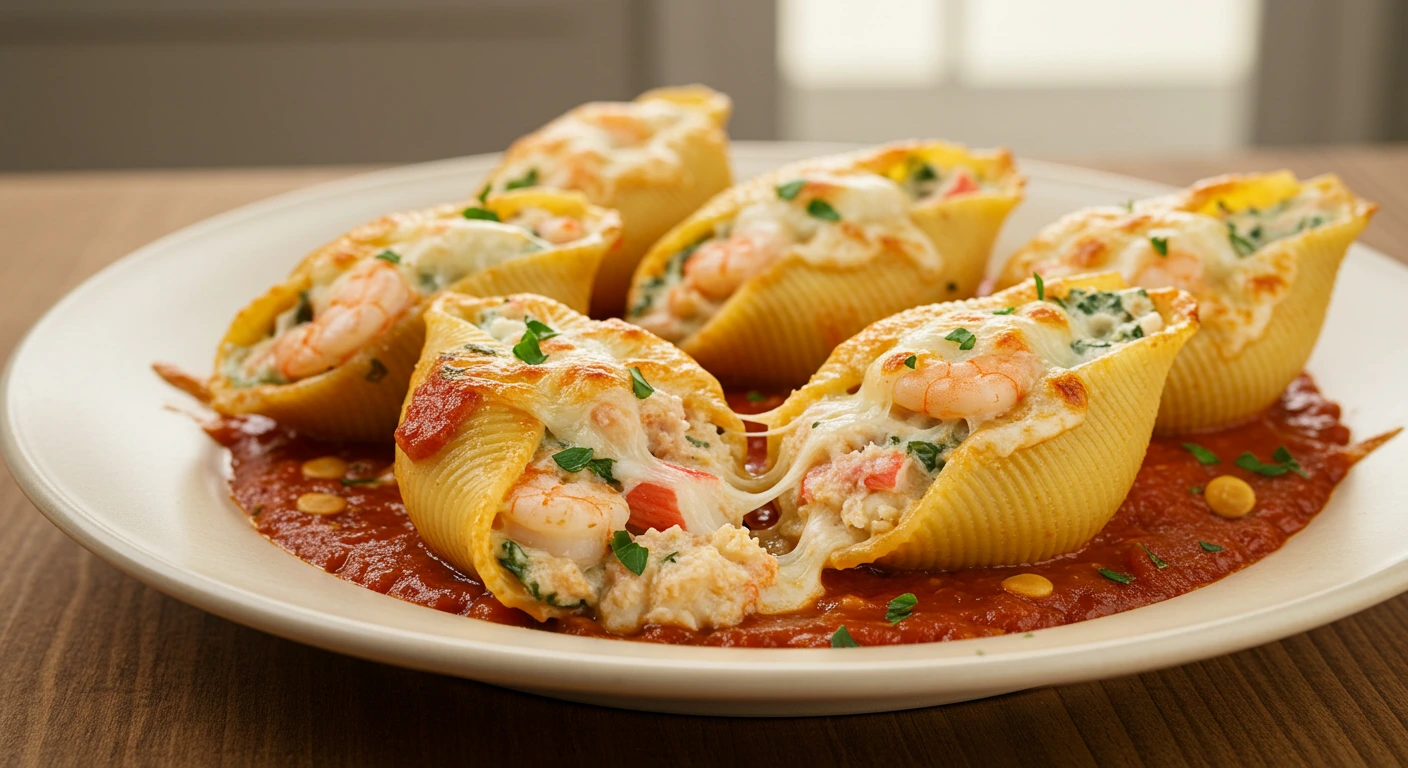 A plate of seafood stuffed shells featuring large pasta shells filled with a creamy shrimp, crab, and cheese mixture, topped with melted cheese and garnished with parsley
