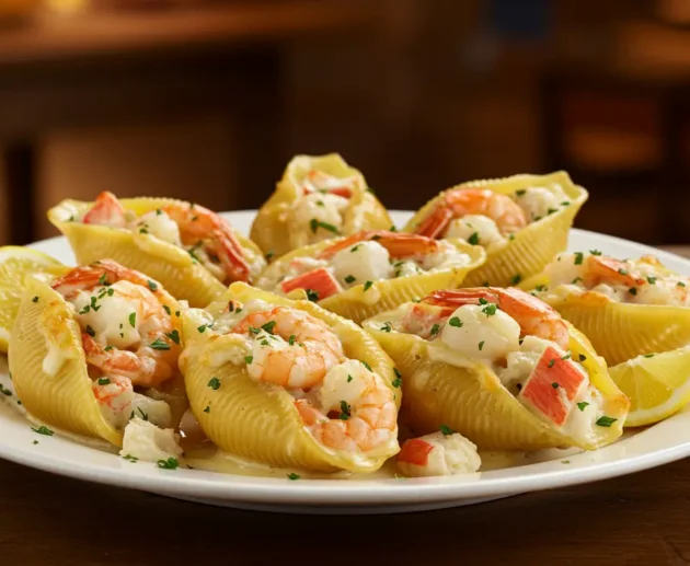 A plate of seafood stuffed shells featuring large pasta shells filled with a creamy shrimp, crab, and cheese mixture, topped with melted cheese and garnished with parsley