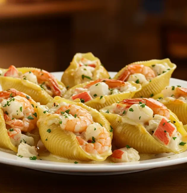A plate of seafood stuffed shells featuring large pasta shells filled with a creamy shrimp, crab, and cheese mixture, topped with melted cheese and garnished with parsley