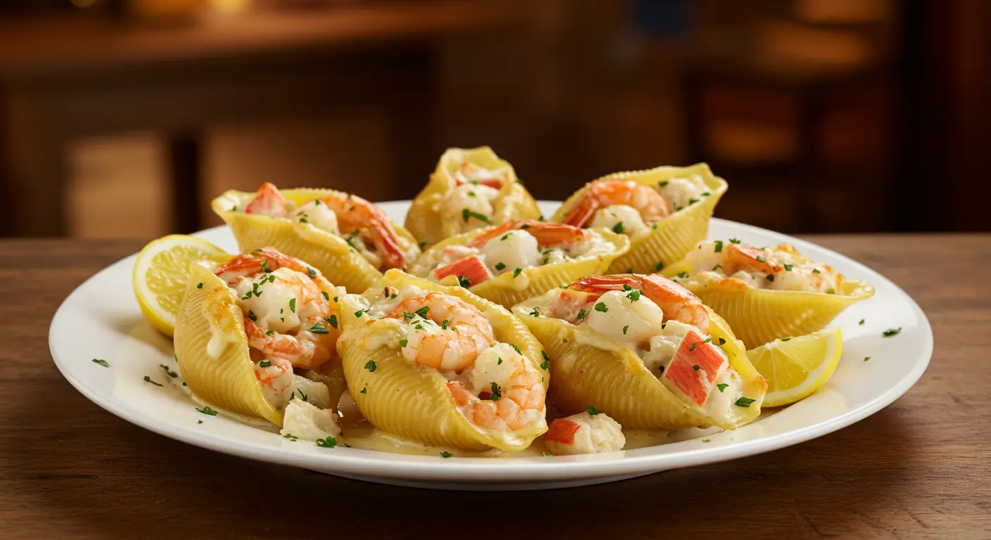 A plate of seafood stuffed shells featuring large pasta shells filled with a creamy shrimp, crab, and cheese mixture, topped with melted cheese and garnished with parsley