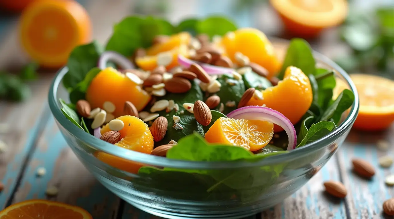 A fresh Mandarin Orange Salad in a clear glass bowl with spinach leaves, mandarin orange slices, red onions, and slivered almonds, drizzled with vinaigrette on a rustic wooden table.