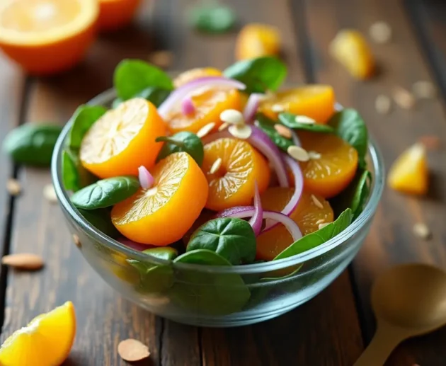 A fresh Mandarin Orange Salad in a clear glass bowl with spinach leaves, mandarin orange slices, red onions, and slivered almonds, drizzled with vinaigrette on a rustic wooden table.