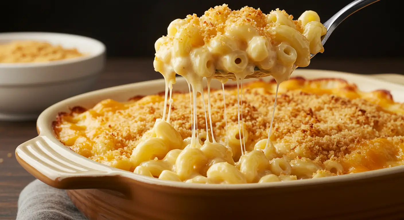 A close-up of creamy baked mac and cheese topped with golden, crispy breadcrumbs, served in a white casserole dish with a spoonful taken out.