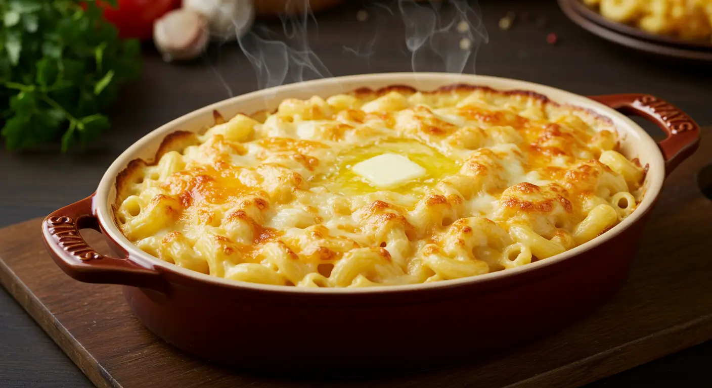 A close-up of creamy baked mac and cheese topped with golden, crispy breadcrumbs, served in a white casserole dish with a spoonful taken out.