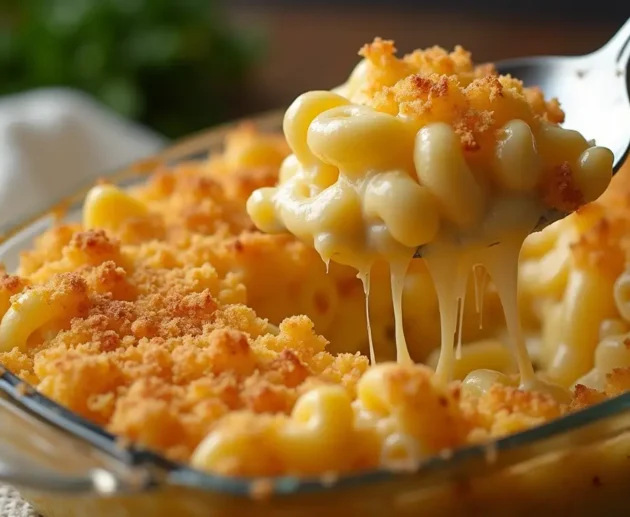 A close-up of creamy baked mac and cheese topped with golden, crispy breadcrumbs, served in a white casserole dish with a spoonful taken out.