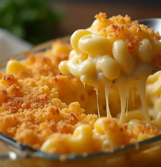 A close-up of creamy baked mac and cheese topped with golden, crispy breadcrumbs, served in a white casserole dish with a spoonful taken out.