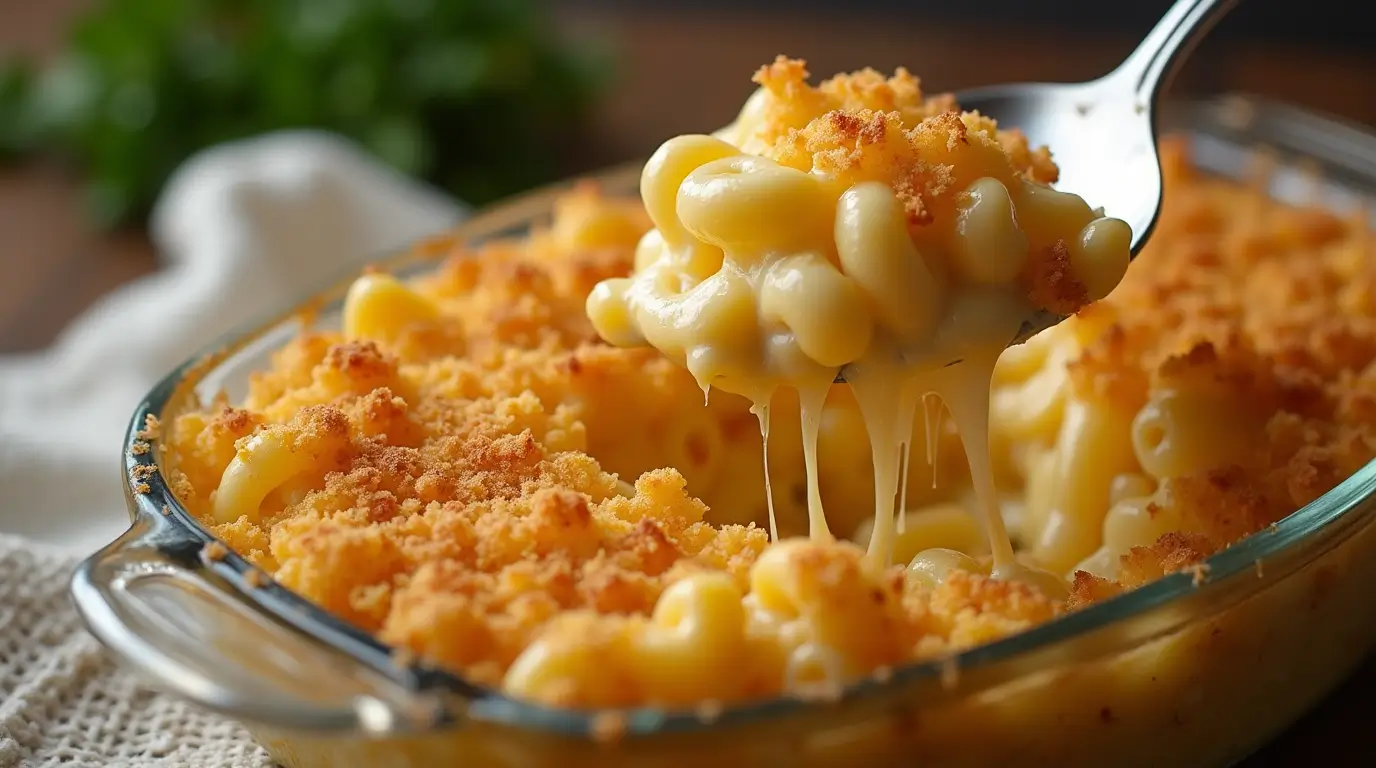 A close-up of creamy baked mac and cheese topped with golden, crispy breadcrumbs, served in a white casserole dish with a spoonful taken out.