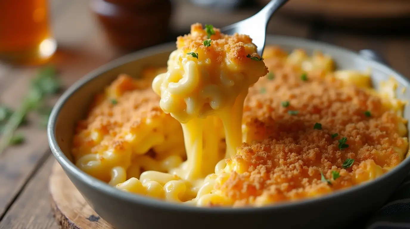 A close-up of creamy baked mac and cheese topped with golden, crispy breadcrumbs, served in a white casserole dish with a spoonful taken out.
