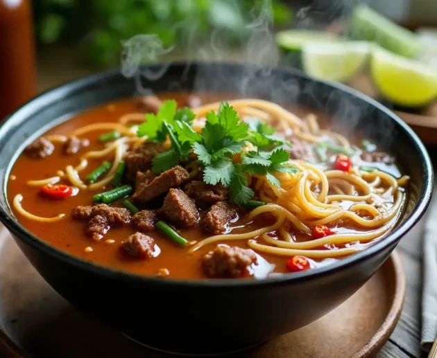 A steaming bowl of beef noodle soup with tender beef slices, thick noodles, fresh cilantro, green onions, and chili slices, served on a wooden table with a side of lime wedges.