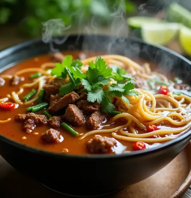A steaming bowl of beef noodle soup with tender beef slices, thick noodles, fresh cilantro, green onions, and chili slices, served on a wooden table with a side of lime wedges.