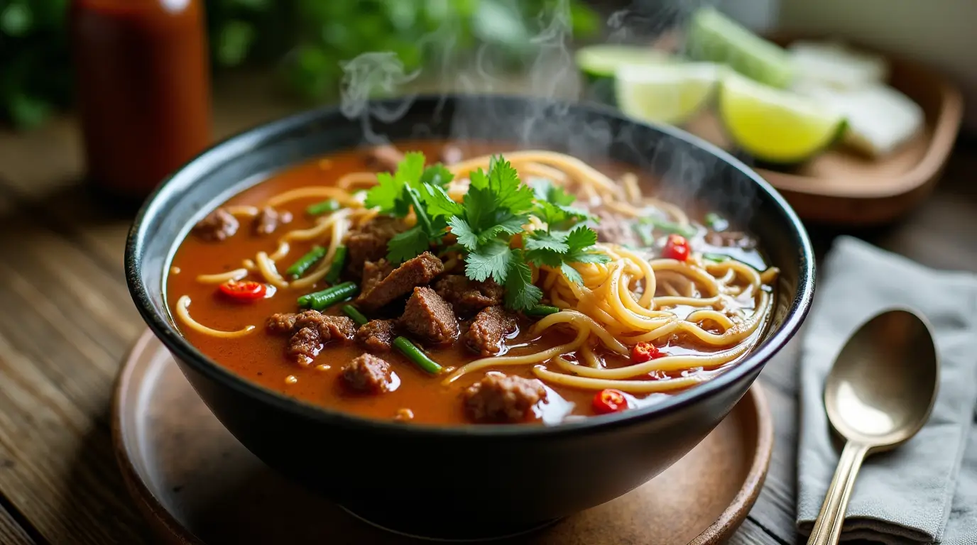 A steaming bowl of beef noodle soup with tender beef slices, thick noodles, fresh cilantro, green onions, and chili slices, served on a wooden table with a side of lime wedges.