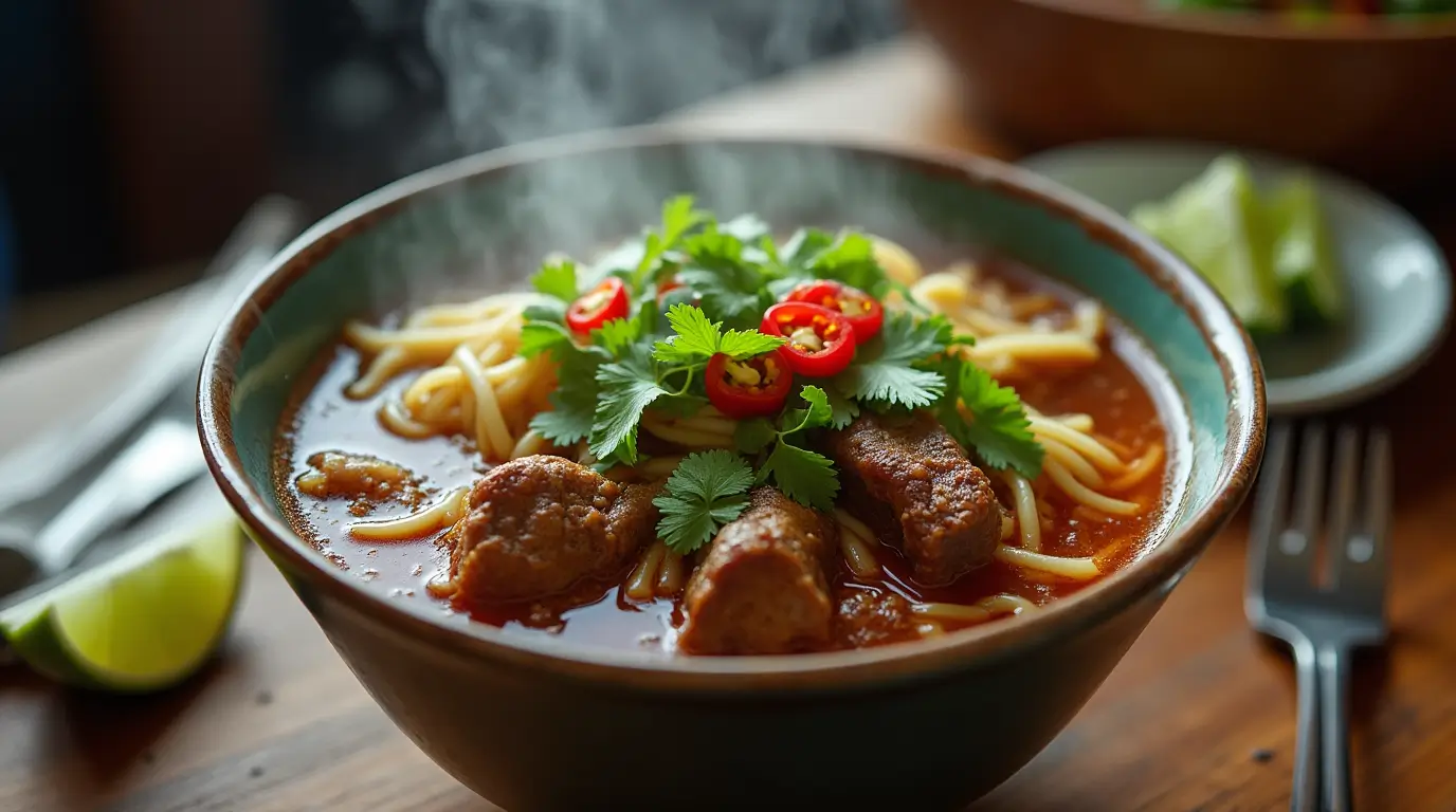 A steaming bowl of beef noodle soup with tender beef slices, thick noodles, fresh cilantro, green onions, and chili slices, served on a wooden table with a side of lime wedges.