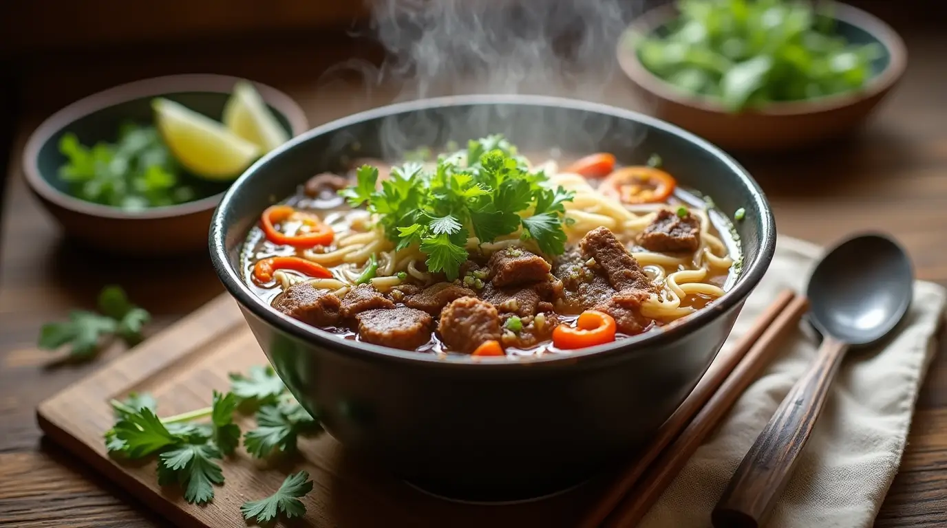 A steaming bowl of beef noodle soup with tender beef slices, thick noodles, fresh cilantro, green onions, and chili slices, served on a wooden table with a side of lime wedges.
