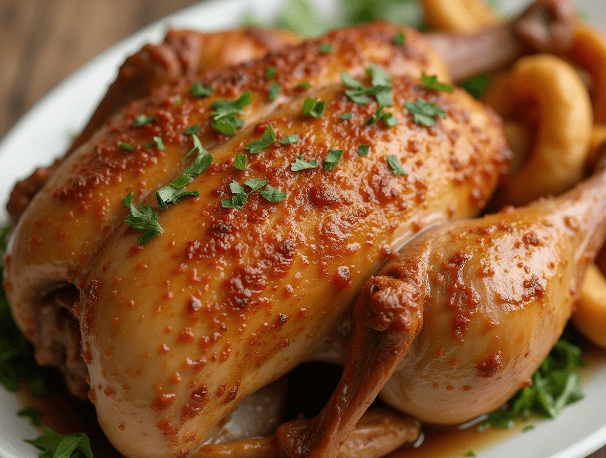 A perfectly roasted Cajun turkey with golden, crispy skin, garnished with fresh herbs and lemon slices, served on a wooden platter.