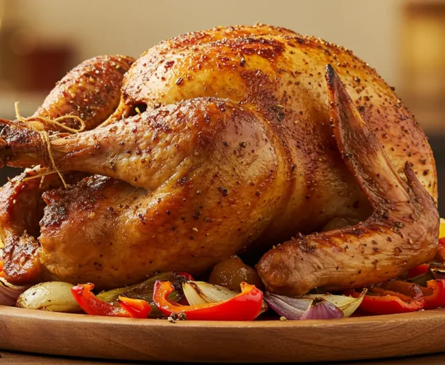 A perfectly roasted Cajun turkey with golden, crispy skin, garnished with fresh herbs and lemon slices, served on a wooden platter.