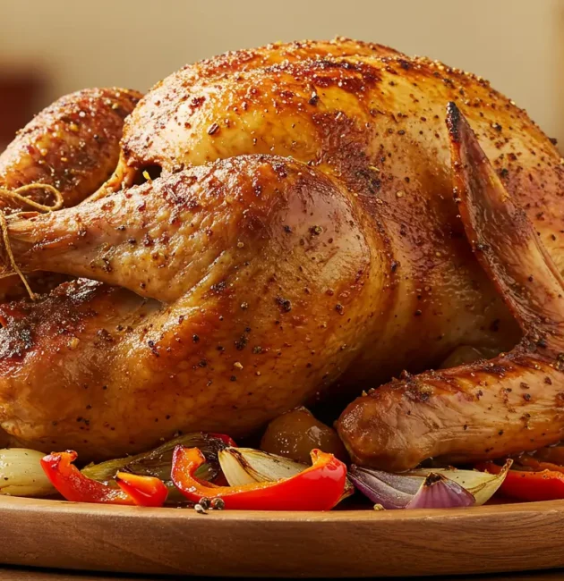 A perfectly roasted Cajun turkey with golden, crispy skin, garnished with fresh herbs and lemon slices, served on a wooden platter.
