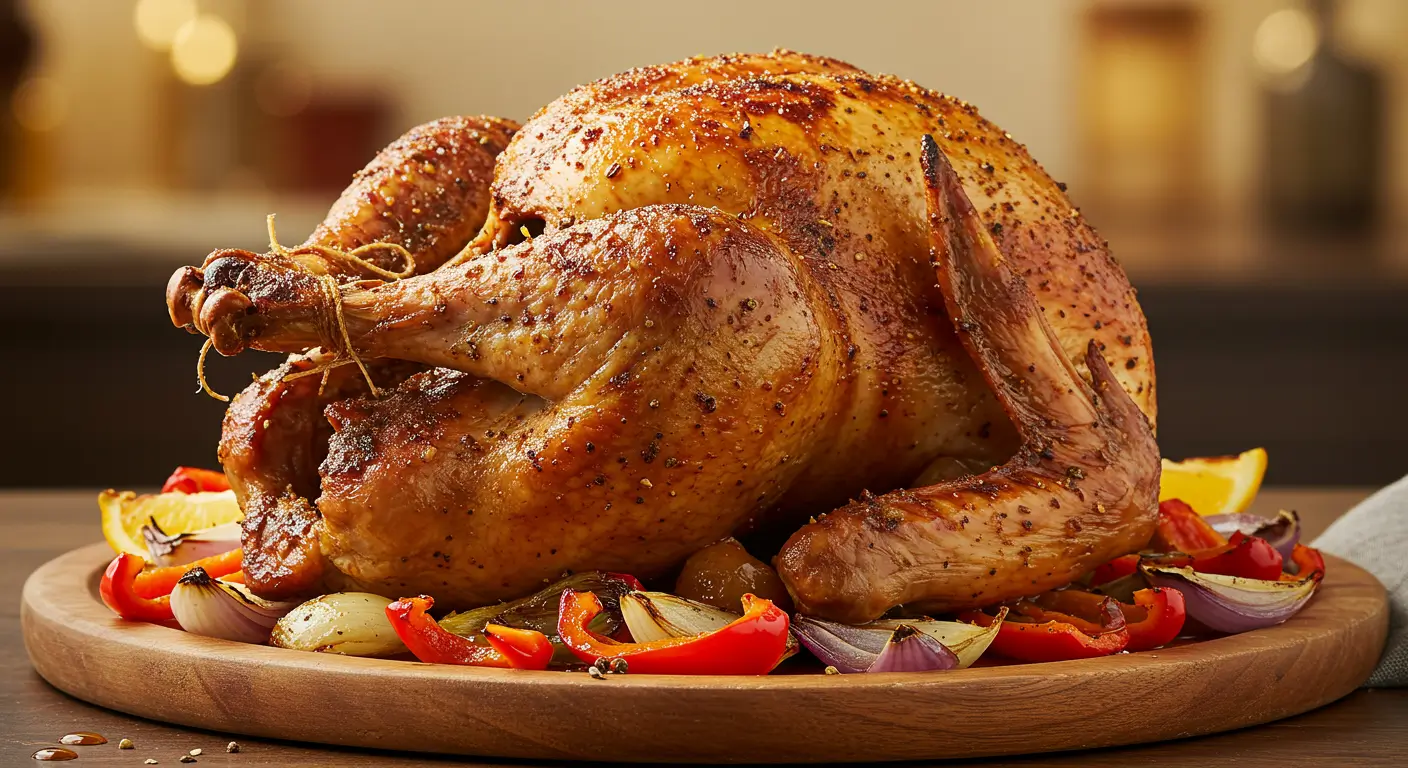 A perfectly roasted Cajun turkey with golden, crispy skin, garnished with fresh herbs and lemon slices, served on a wooden platter.