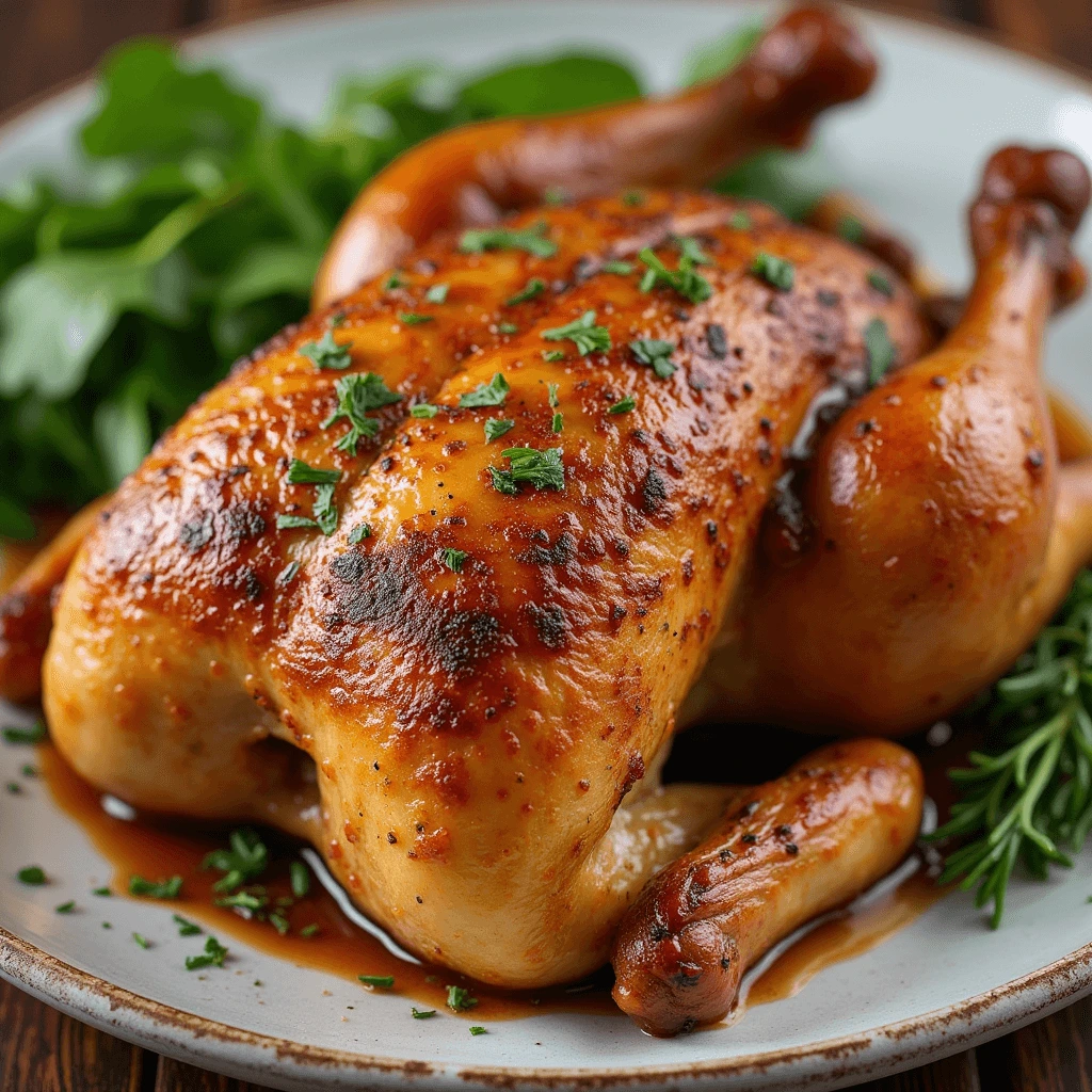 A perfectly roasted Cajun turkey with golden, crispy skin, garnished with fresh herbs and lemon slices, served on a wooden platter.