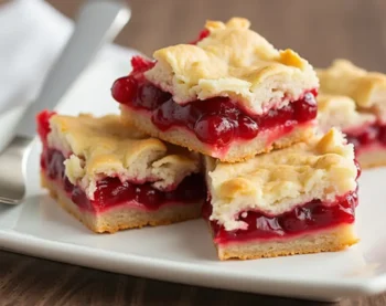 A close-up of homemade Cherry Pie Bars, with a golden, crumbly top and visible cherry filling, served on a white plate.