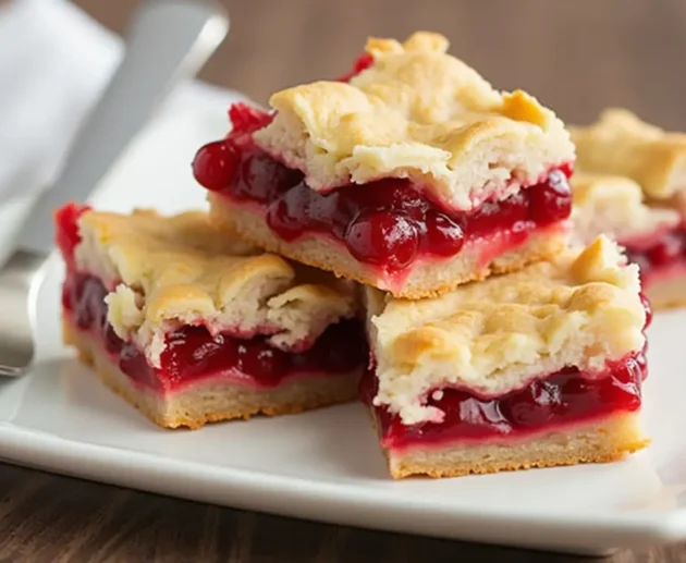 A close-up of homemade Cherry Pie Bars, with a golden, crumbly top and visible cherry filling, served on a white plate.