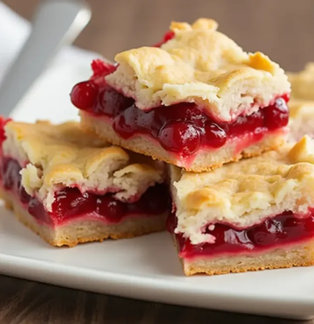 A close-up of homemade Cherry Pie Bars, with a golden, crumbly top and visible cherry filling, served on a white plate.