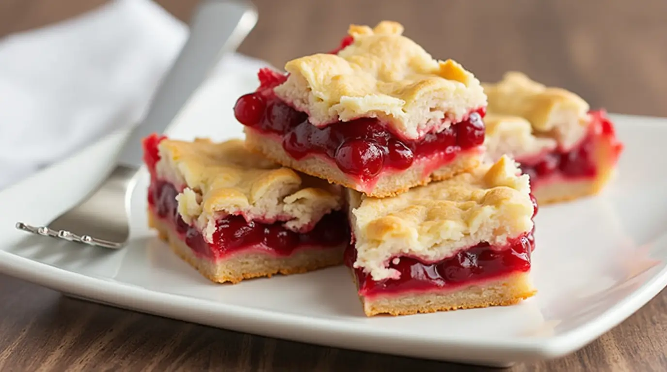 A close-up of homemade Cherry Pie Bars, with a golden, crumbly top and visible cherry filling, served on a white plate.