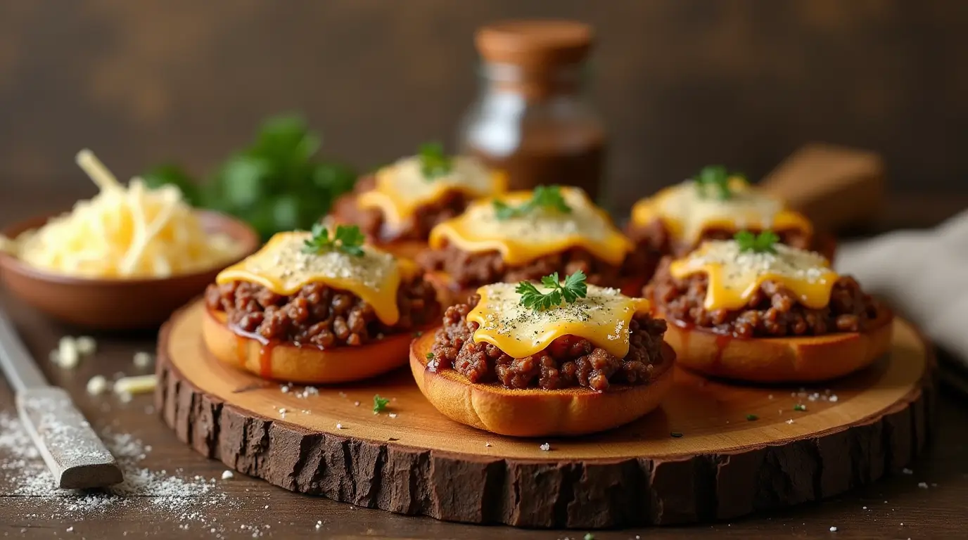 A plate of freshly made Hanky Panky appetizers, featuring a golden-brown toast topped with a savory mixture of ground beef, sausage, and melted cheese.