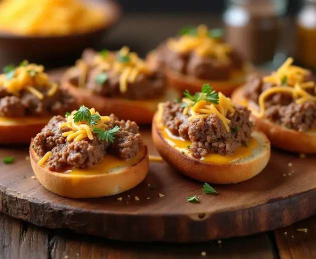A plate of freshly made Hanky Panky appetizers, featuring a golden-brown toast topped with a savory mixture of ground beef, sausage, and melted cheese.