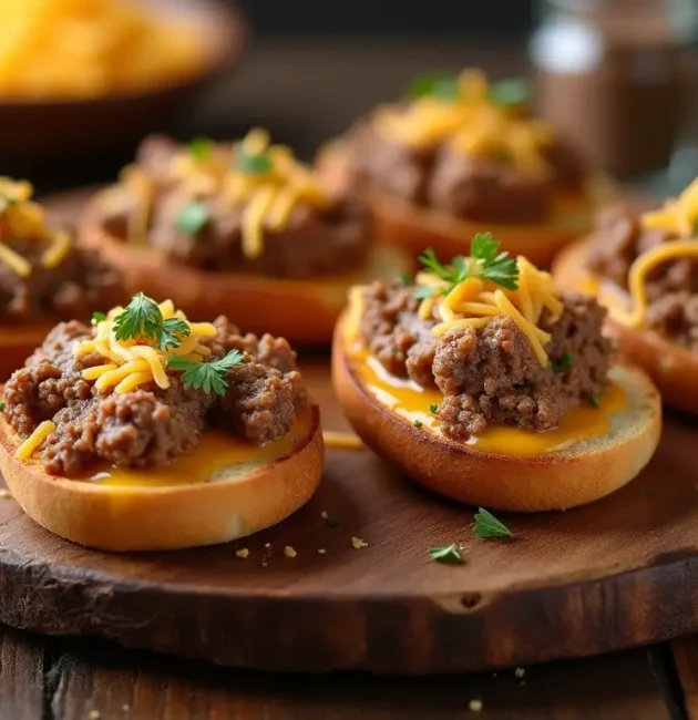 A plate of freshly made Hanky Panky appetizers, featuring a golden-brown toast topped with a savory mixture of ground beef, sausage, and melted cheese.