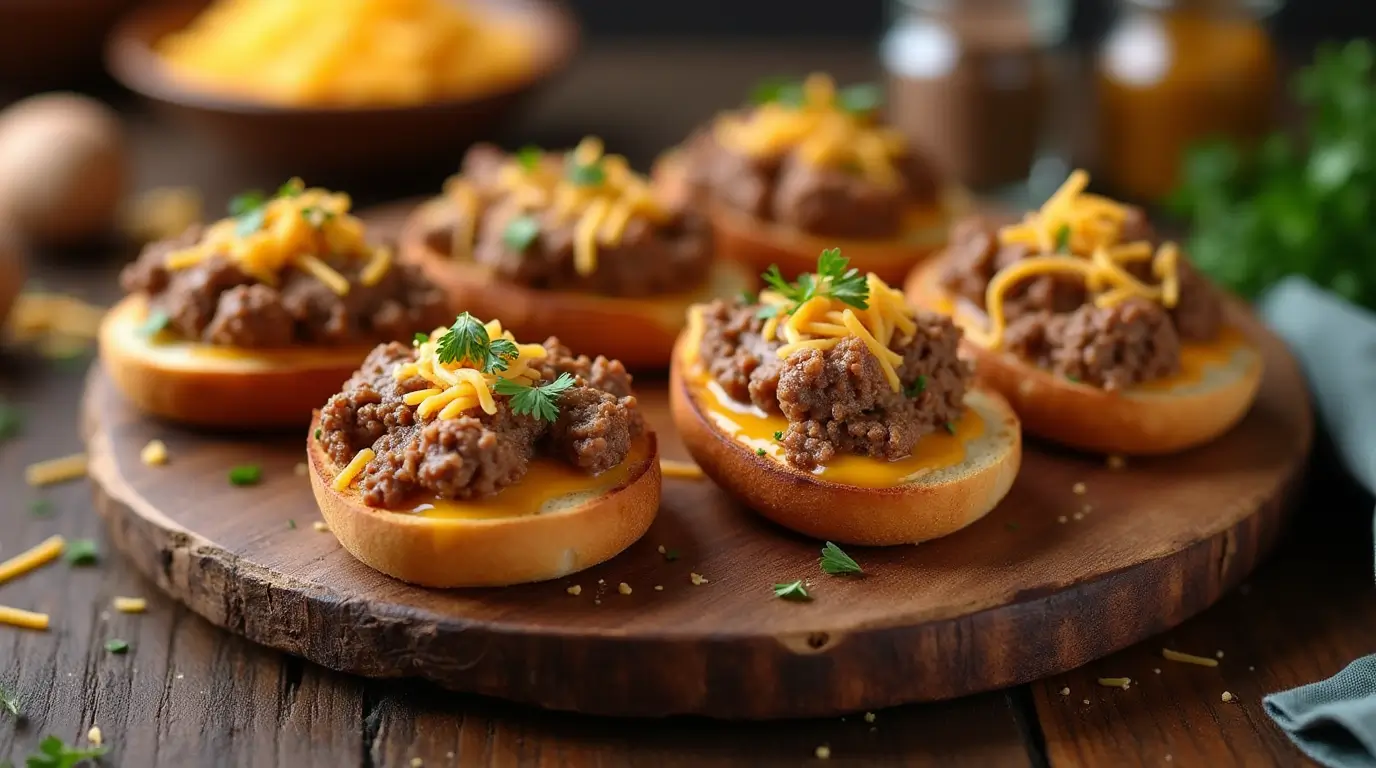 A plate of freshly made Hanky Panky appetizers, featuring a golden-brown toast topped with a savory mixture of ground beef, sausage, and melted cheese.