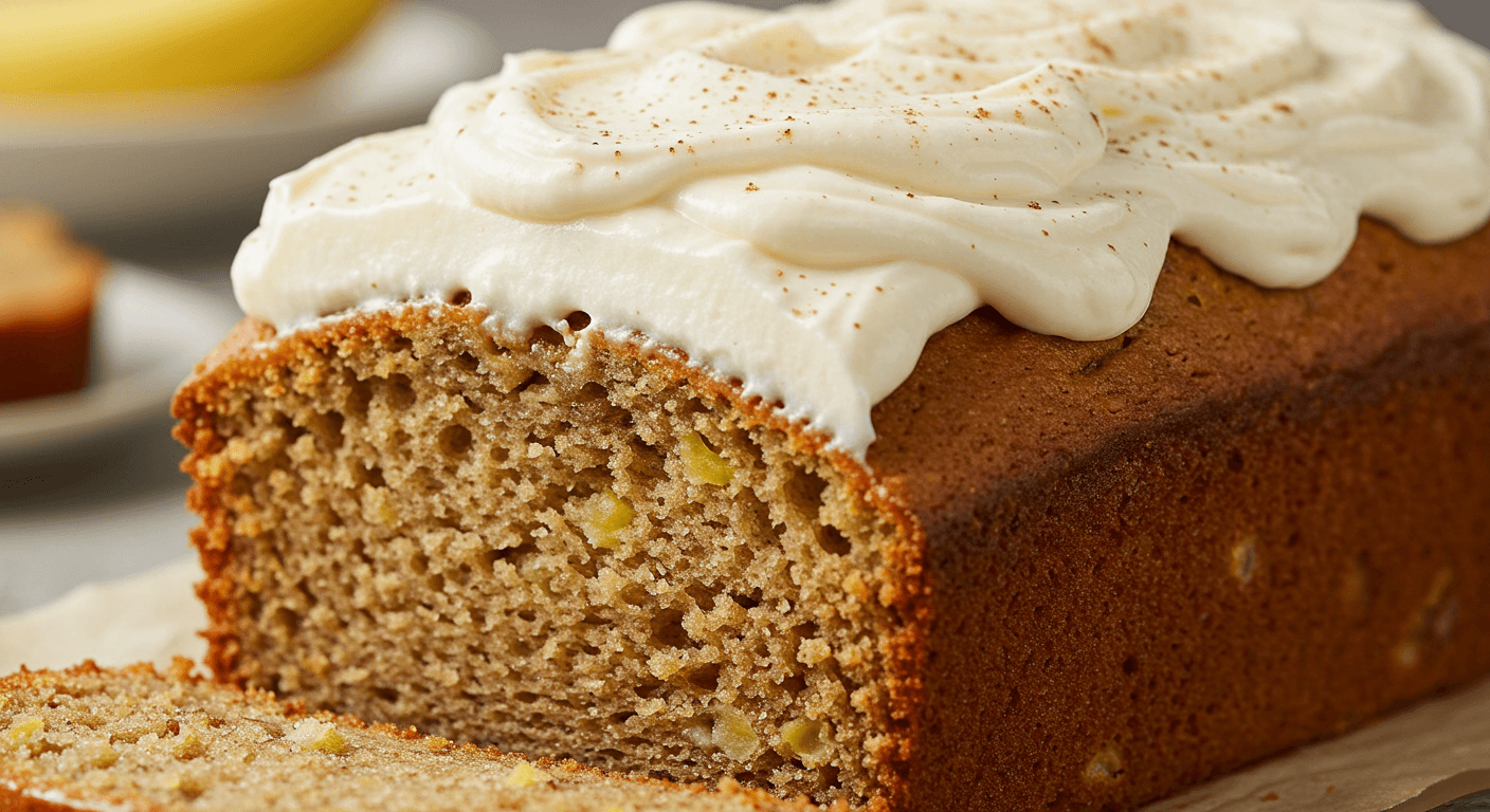 A loaf of hummingbird bread topped with cream cheese frosting, garnished with a sprinkle of cinnamon, displayed on a wooden cutting board. A slice is partially cut, revealing the moist, fruity texture of the bread.