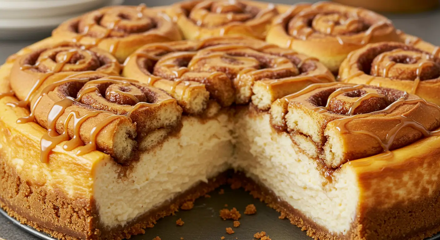 A slice of Cinnamon Roll Cheesecake on a white dessert plate, garnished with a drizzle of icing and a sprinkle of cinnamon.