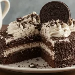 A delicious Oreo Dirt Cake layered with crushed Oreos, creamy pudding, and topped with gummy worms, perfect for a fun dessert.